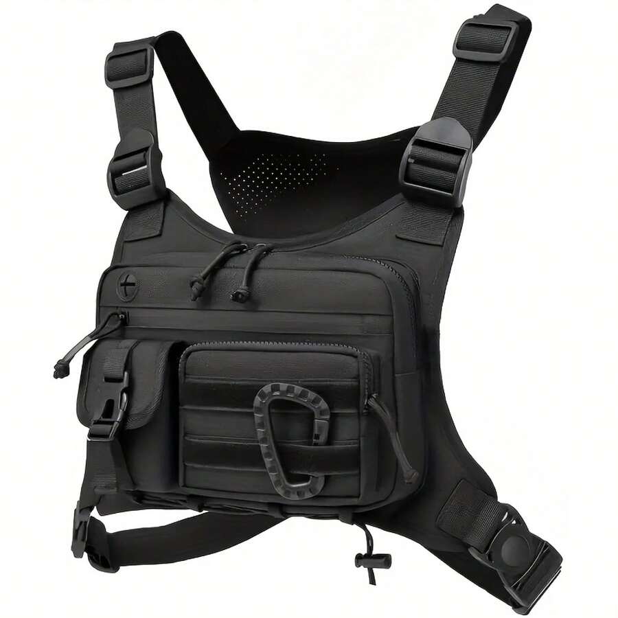 Men's Tactical Chest Pack With Built-In Phone Holder And Adjustable Strap MOLLE Webbing EDC Backpack For Running Cycling Camping Safety Zipper Compartment Hands-Free Viewing Outdoor Durable Polyester Gym Travel Black - Gray-white Camouflage - View 1
