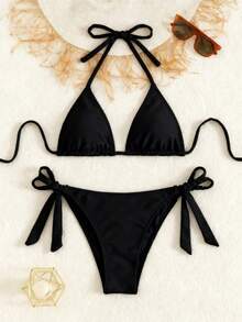 Bộ bikini 2 mảnh màu đen trơn, gợi cảm, đa năng dành cho nữ, thích hợp cho kỳ nghỉ biển và spa. - màu đen - Xem 2