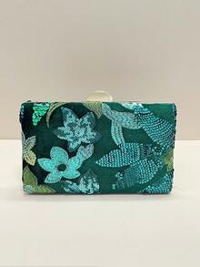 優雅綠色花卉刺繡亮片網紗手拿包，附金屬鏈條，伴娘禮物，時尚閃亮晚宴包，適用婚禮、派對、舞會 - 綠色 - 查看 12