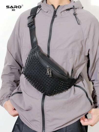saroxi 男士腰包/胸包，配有可调节肩带，适合跑步、通勤、运动、户外活动，个性铆钉小包，街头休闲全印花拉链男女通用背包，适合年轻人返校季