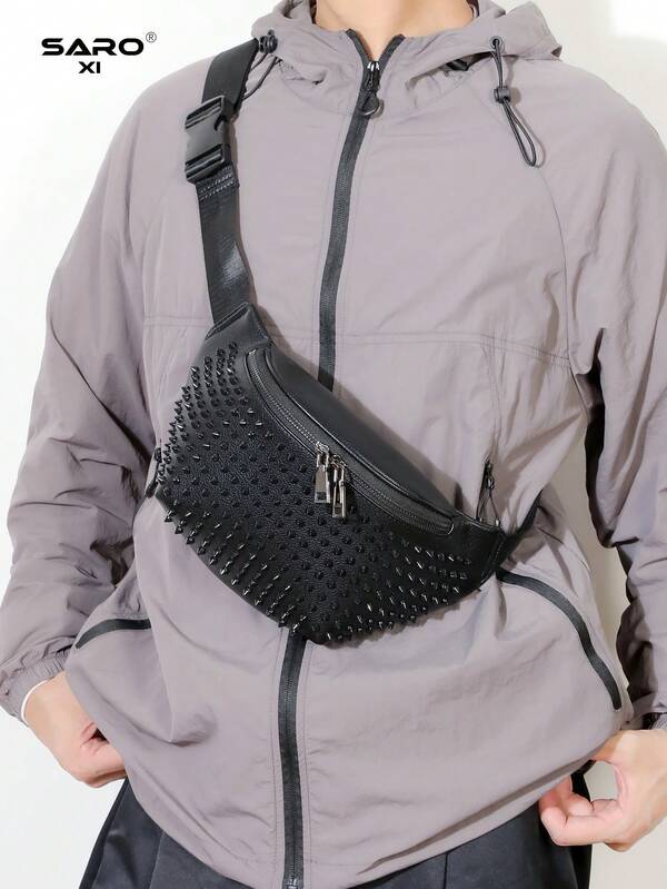 saroxi حقيبة خصر للرجال مع حزام كتف قابل للتعديل، مناسبة للركض والتنقل والرياضة والأنشطة الخارجية، حقيبة جيب مزينة بالدبابيس ذات طابع شخصي، حقيبة ظهر بسحاب مطبوعة بنمط عشوائي مناسبة للشباب للعودة إلى المدرسة