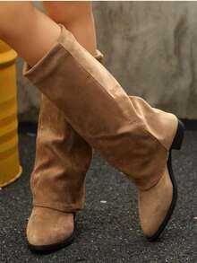 Suede Knee-High Boots For Autumn/Winter, French Style With Chunky Heel And Pointed Toe. Ref 9002 - Beige - View 17
