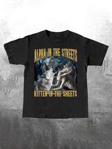 ChristmasManfinity Dauomo Men's Regular Fit T-Shirt With A Fun Online "Street Alpha" Cat In Bed Graphic With A Wolf. Popular Item. - 黑色 - 查看 6