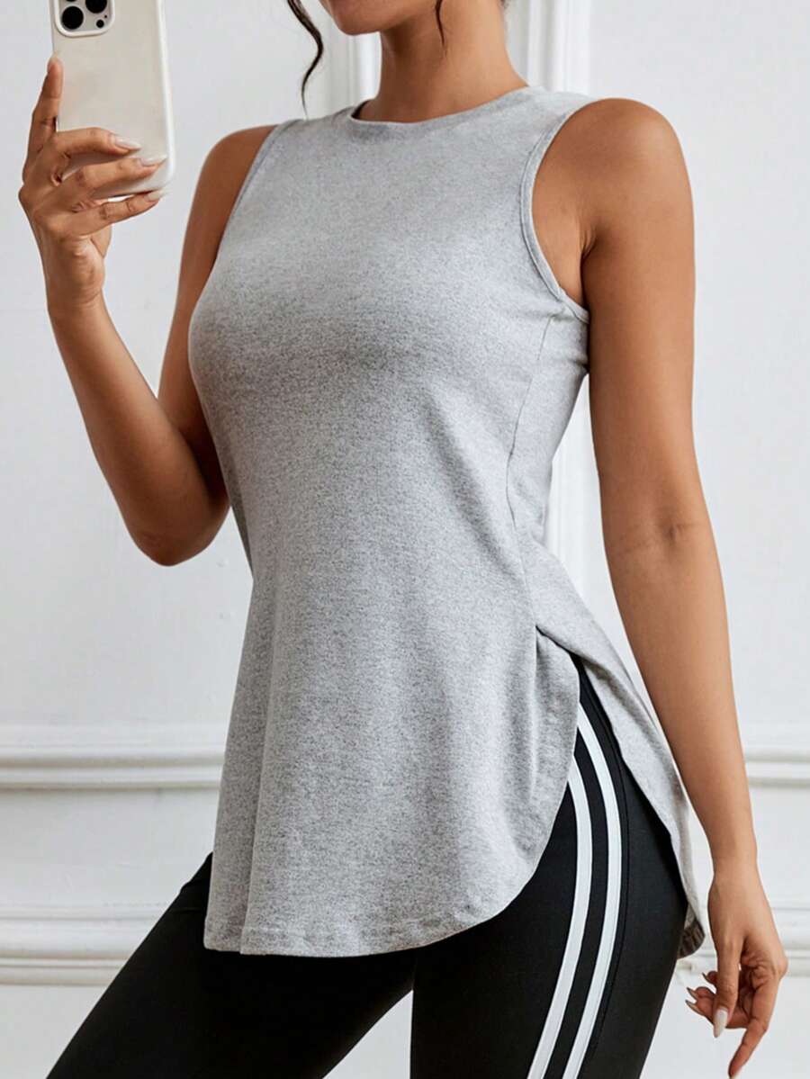 1 件女式纯色宽松舒适侧开衩工字背心，无袖健身运动衫，春夏