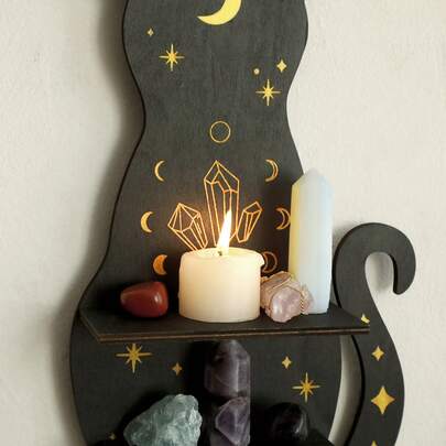 Nuevo estante gótico de gato negro y luna creciente de cristal, organizador de almacenamiento de aceites esenciales de cristal montado en la pared de madera, artesanía de decoración del hogar para estancia en casa