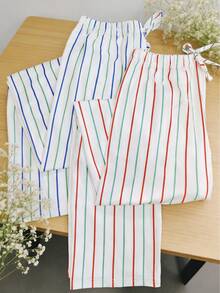 2pcs Lightweight, Soft & Comfortable Bowknot Tie Waist Striped Print Wide Leg Pants, Casual & Loungewear, Spring/Summer - Multicolor - View 1