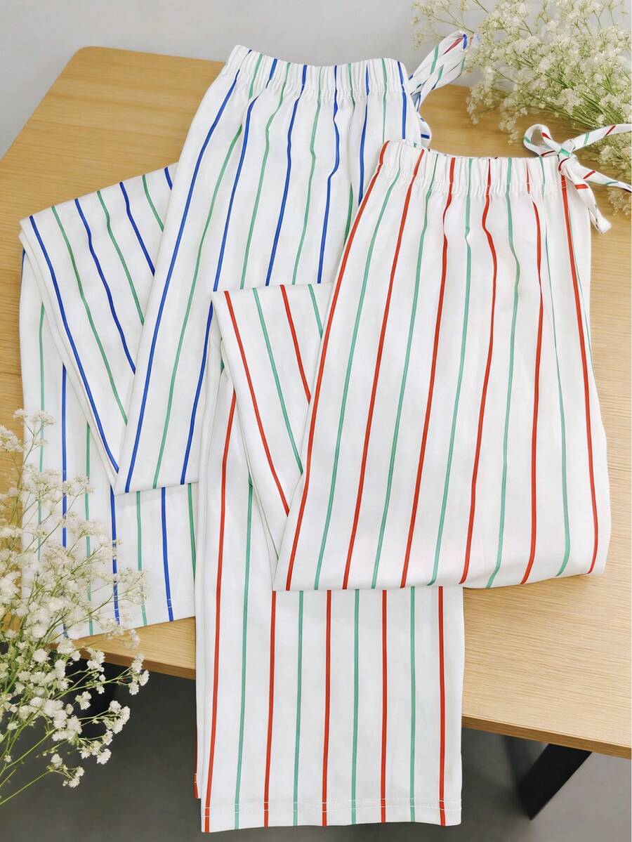 2pcs Lightweight, Soft & Comfortable Bowknot Tie Waist Striped Print Wide Leg Pants, Casual & Loungewear, Spring/Summer - Multicolor - View 1