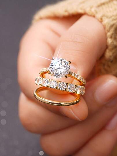 Bộ 3 chiếc nhẫn nữ bằng đồng hình học đính đá Zirconia, kiểu dáng thanh lịch, đa năng, thích hợp làm quà tặng trang sức, dự tiệc, ngày lễ và nhiều dịp khác.