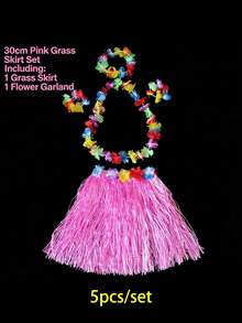 5pcs/Set Hawaiian Grass Skirt, Tropical Hawaiian Grass Skirt, Hawaiian Grass Skirt Dress, Summer Beach Vacation Dress, Hawaiian Party Gift, Party Decor, Grass Skirt, Grass Skirt Dance Performance, With Flower Wreath, Grass Skirt, Hawaiian Party Supplies, Tropical Beach Party - Multicolor - View 11