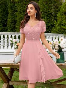 MIUSOL Đầm dạ hội dáng xòe bằng chiffon, cổ chữ V, đính sequin, họa tiết hoa, ren, xếp nếp, chất liệu thanh lịch dành cho nữ. - Hồng - Xem 7
