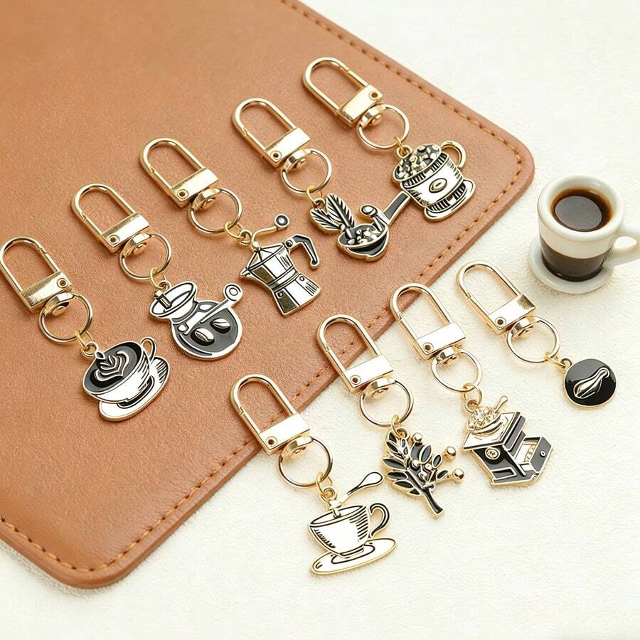 9pcs Coffee Themed Keychain Pendant, Minimalist Versatile Zipper Pull Charm, Car Key Chain, Gift For Coffee Lovers, Emotional Coffee Supporter, Coffee Collection Accessory, Small Reminder Gift For Office Workers - Multicolor - View 1