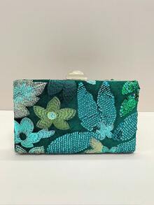 優雅綠色花卉刺繡亮片網紗手拿包，附金屬鏈條，伴娘禮物，時尚閃亮晚宴包，適用婚禮、派對、舞會 - 綠色 - 查看 11