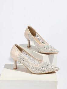 Damen High Heel Pumps, neue nude Farbe mit funkelnden Strass-Mesh, atmungsaktiv, spitzer Zehenbereich, Kittenferse, geeignet für Hochzeitsfeiern, formelle Kleider - Aprikosenfarben - Übersicht 10