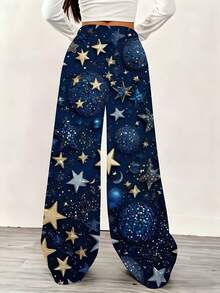 Women Casual Loose Wide Leg Pants Dark Blue Cosmic Galaxy Stars And Planets Print Comfortable Sweatpants For Leisure And Sports Activities - 彩色 - 查看 4