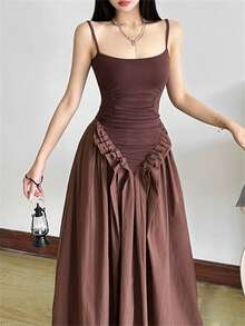 Vestido largo elegante y sencillo para mujer Kliou de verano, con tirantes finos, bajo acampanado, fruncido, ajustado, patchwork y espalda descubierta - Marrón - Ver 9