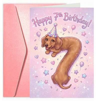 Chúc mừng sinh nhật lần thứ 7! Thiệp hình chó Dachshund dễ thương dành cho bé gái.