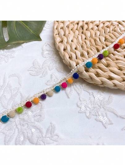 1 Yard Boho Colorful Pom Pom Tassel Trim, Vintage Beaded Fringe Lace For Garment, Home Decor & Craft
