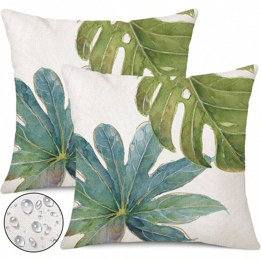 Fundas impermeables para almohadones de exterior de 18x18 pulgadas, juego de 2, con diseño de hojas tropicales verdes, fundas para cojines decorativos de Monstera y hojas de palma, para sofá - Argumento - 05 - Ver 1