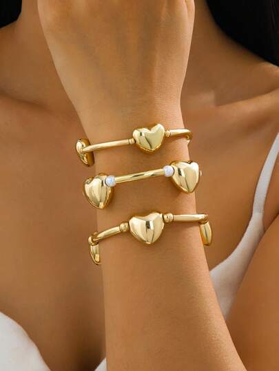 1ชิ้น สร้อยข้อมือมุกยืดหยุ่นลูกปัดรูปหัวใจสีทองวินเทจ, ชุดเครื่องประดับหรูหรา, เหมาะสำหรับเป็นของขวัญสำหรับวันแม่, แฟน, เพื่อนสนิท, การเดินทางประจำวัน, ปาร์ตี้, ถ่ายภาพแฟชั่น, งานเลี้ยง, วันหยุด