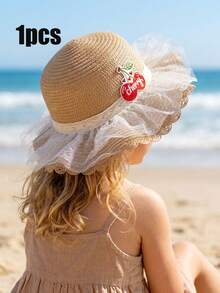 1 chiếc mũ rơm màu be viền hoa anh đào đỏ cho bé gái, mũ chống nắng mùa hè đi biển và các hoạt động thể thao ngoài trời. - 1PC - Xem 2