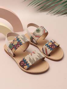1 Pair Children's Summer Double-Strap Sandals, Elastic Back Strap Open Toe Bohemian Soft Bottom Beach Shoes - Beige - View 4