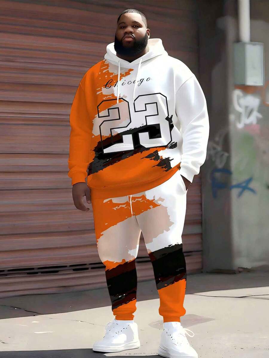 Set de 2 piezas Talla grande Moda callejera Hombre Chicago 23 Sudadera con capucha y pantalón de chándal con estampado de graffiti en contraste, Conjunto de ropa deportiva de estilo hip hop personalizado, Atuendo casual de primavera - Naranja - Ver 1