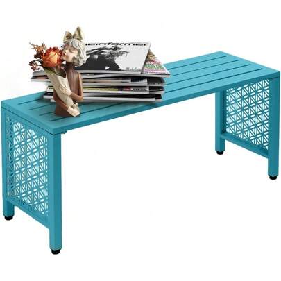 40in Outdoor Metal Bench, All-Weathe Backless Patio Bench With Slatted Seat&Floral Side Panels, Rust-Resistant Garden Bench, Weatherproof Outdoor Seating For Porch Entryway Backyard (Blue)