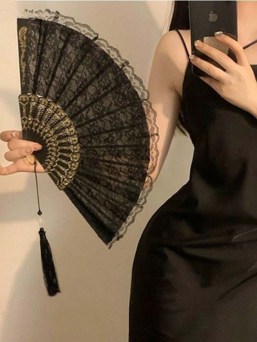 1把/2把复古法式蕾丝流苏折叠扇，便携易用，四季皆宜，适合跳舞、露营、旅行等场合，必备单品。 - 黑色 - 查看 1
