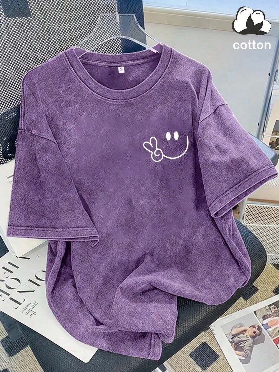 2026 Oversized Vintage Black Cotton Shirt With Face Print, Loose Fit,Vintage Washed Cotton Loose-Fit T-Shirt, Cute Face And Heart Print - 紫色 - 查看 1