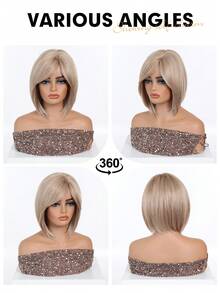 10英寸金根深色挑染短直波波头假发，女士耐热合成纤维假发，带刘海，黑白中分短直发假发，美丽日常女士合成纤维假发 - 挑染金色 - 查看 10