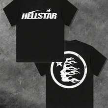 100%Cotton Double-Sided Printed Hell Star Pattern T-Shirt, High-Quality Printed T-Shirt, Men's Round Neck Short-Sleeved Top, Casual T-Shirt Spring And Summer Clothing Graphic Tees Retro Washed Cotton Quick-Dry Moisture-Wicking Crew Rifle Funny Men Sleevesummer Outfits For Women - 黑色 - 查看 1