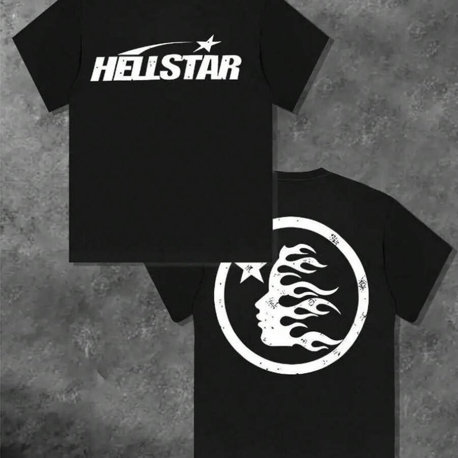 100%Cotton Double-Sided Printed Hell Star Pattern T-Shirt, High-Quality Printed T-Shirt, Men's Round Neck Short-Sleeved Top, Casual T-Shirt Spring And Summer Clothing Graphic Tees Retro Washed Cotton Quick-Dry Moisture-Wicking Crew Rifle Funny Men Sleevesummer Outfits For Women - 黑色 - 查看 1