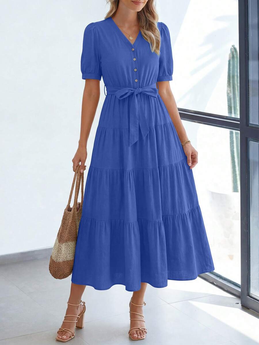 Women's Summer Dresses For Elegant Classy Short Sleeve V Neck Ruffle A Line Belted Long Flowy Beach Vacation Dress Easter Dresses For Women - 藍色 - 查看 1