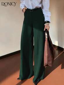 DONICY 优雅女士高腰亚麻混纺阔腿裤，宽松舒适，休闲日常穿着，适合商务、会议、度假等各种场合。 - 墨綠色 - 查看 2