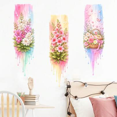 CHAILLY Sulu Boya Damlayan Boya Çiçekli Duvar Çıkartmaları Seti, Renkli Çiçek Sepeti Kendinden Yapışkanlı Çıkartmalar Kız Çocuk Odası ve Yatak Odası Dekorasyonu İçin
