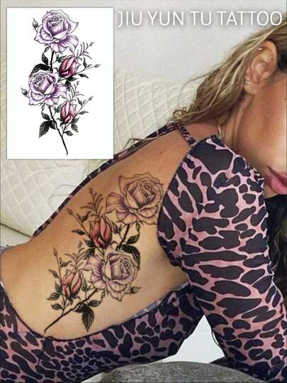 1pc Colorful Rose Floral Temporary Tattoo, Waterproof & Sweatproof, One-Time Use Fake Tattoo, Half Sleeve Fake Tattoo Sleeve Body Art Decor Lasts 3-5 Days, Unisex Can Cover Scars, Travel Essential, Suitable For Camping, Gym, Body Decoration, Applicable To Arms, Legs, Waist And Other Body Parts.