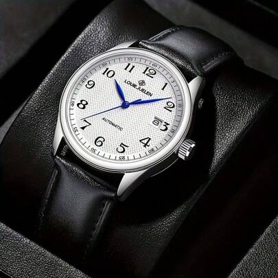 LOUIEJUELEN JUELEN 简约商务男士石英表，银色圆形表盘，黑色皮革表带，合金表壳，夜光指针，日历显示，LED 显示屏，时尚休闲百搭腕表，适合日常通勤、商务会议、毕业典礼、父亲节、情人节、新年等场合，是送给丈夫和家人的理想礼物。