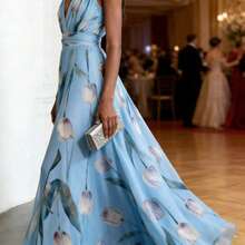 Women's Deep V-Neck Floral Print Swing Midi Dress Casual A-Line Flowy Dress For Daily Beach Vacation Date Night - 藍色 - 查看 6