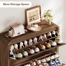 Shoe Cabinet With 3 Flip Drawers & Adjustable Shelves, Narrow Freestanding Shoe Storage Cabinet For 18-27 Pairs, Hidden Slim Shoe Rack Cabinet For Entryway, Walnut - 查看 9
