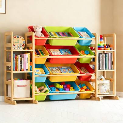 Toy Storage Organizer With 6 Shelves And 12 Bins, Bookshelf And Bin Shelf System, Multi-Colored Cubby Unit For Bedroom Playroom Organization, Solid Pine Wood With Rounded Edges, Anti-Tip Design