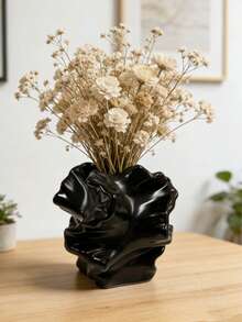 1Pc Glossy Black Ruffled Edge Art Vase, Asymmetric Petal Shape Nordic Modern Minimalist Resin Flower Vase, Home Decor Ornament For Living Room Entrance Desktop, Housewarming & Birthday Gift - New Model - View 1