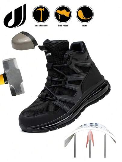 男士工作靴，防砸防刺，黑色锻造车间风格，凯夫拉防刺中底，保护双脚，轻便时尚的防护靴，舒适易穿，不累脚，安全鞋，多功能工作鞋，适用于建筑工地、日常穿着、户外旅行、野外探险、徒步登山等，高抗冲击建筑行业专用