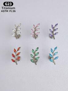 1件 ASTM F136 钛金属内螺纹平底耳钉，5A 马眼形 CZ 叶子耳钉，G23 叶子形钛金属耳骨耳廓耳轮鼻唇钉，适合敏感耳，男女通用 - 1Pc-Titanium - 查看 3