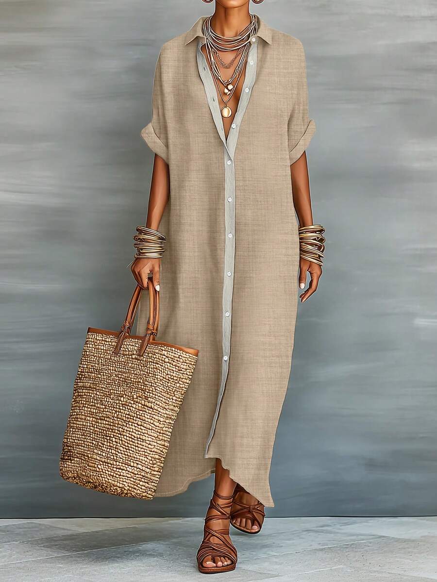 HUTENER 女士宽松翻领短袖开衫连衣裙，不对称下摆休闲度假连衣裙，适合日常通勤和夏季约会，优雅时尚 - 杏色 - 查看 1