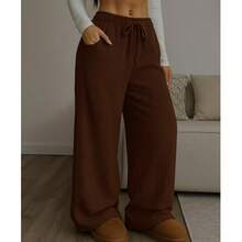 Women's Wide-Leg Pants, High Waist, Polyester, Drawstring, Suitable For Holidays, Evenings, School, Vacations, Home, Daily Wear, Office, All Year Round. - Rỉ Nâu - Xem 1