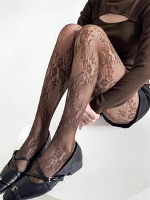 1 Pair Women's Coffee Color Sexy Hollow Out Fishnet Tights, Elastic Slim Fit Fishnet Pantyhose, Anti-Snagging Fishnet Stockings - Coffee Brown - View 6