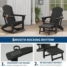 Silla Adirondack Balancín Exterior Plegable de HDPE Resistente a Intemperie, Sillón de Jardín con Reposapiés Retráctil y Portavasos, Mecedora de Terraza Ergonómica para Porche y Patio, Gris - Negro - Ver 4