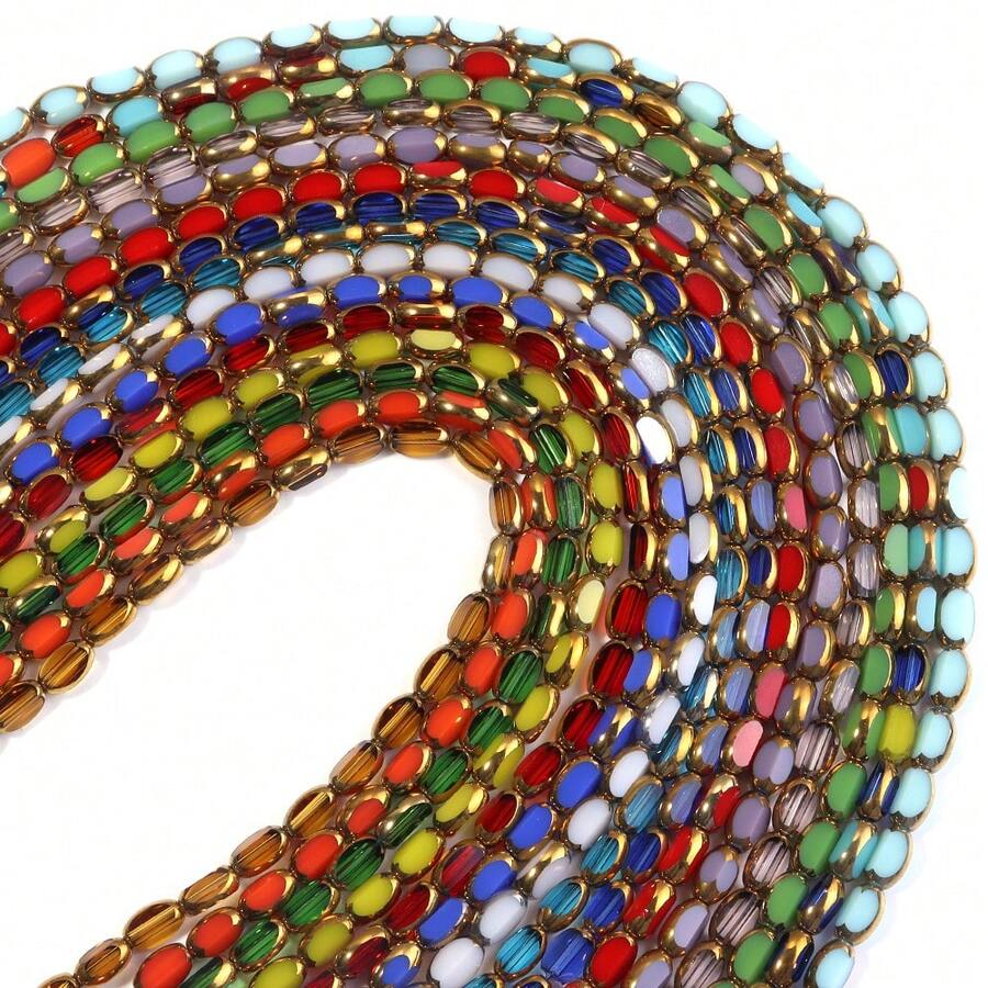 40-45 hạt/dải, hạt thủy tinh trong suốt hình oval 4x7mm, bề mặt cắt mài, viền vàng, thích hợp làm vòng tay, bông tai và trang sức thủ công.