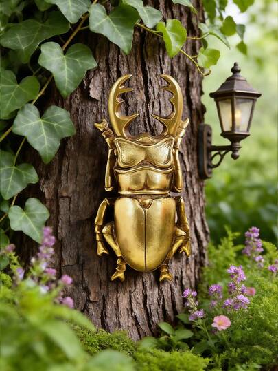Arte de pared de escarabajo ciervo de resina dorada vintage - Escultura de insecto caprichosa para decoración de jardín al aire libre y del hogar interior - Acento llamativo para troncos de árboles, vallas, paredes de patio y paredes de salas de estar - Decoración inspirada en la naturaleza bohemia, perfecta para interiores rústicos, de granja y escandinavos - Artesanía resistente a la intemperie, regalo único para entusiastas de los insectos y amantes de los jardines