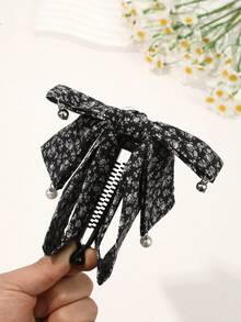 1pc Bow Banana Hair Clip, Vertical Ponytail Clip With Bowknot, Black & White Flower Pearl Hair Clip, Banana Hair Clip Suitable For Thick & Thin Hair, Hair Accessories For Women & Girls,Summer,Holiday,Travel, Head Accessories - Multicolor - View 7
